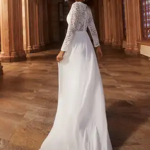 Elegante Brautkleider hohle Spitze mit V -Neckline am Boden 2025 Immer schön sexy Chiffon weiße weibliche Prom -Kleid formelle Kleid 11 Hauptverkaufskleid für Verlobung Chiffon - №11