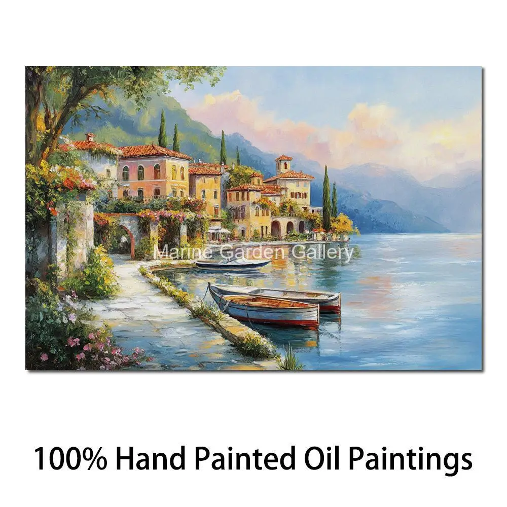 

Coastal Landscape Wall Art On Canvas Handmade Oil Painting Lakeside Village Contemporary Modern Decor for Living Room Large Gift