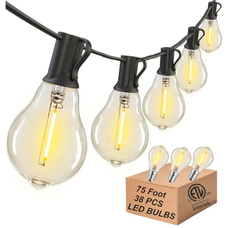 Outdoor string lights Waterproof patio string lights with 38 Shatterproof Dimmable A39 LED Bulbs, 2 bulbs apart Connectable Out
