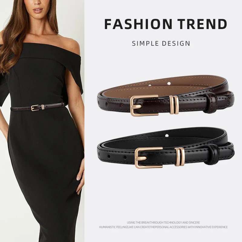 

ins style genuine leather belt for women, gold double bar jeans decoration simple casual style thin belt for women