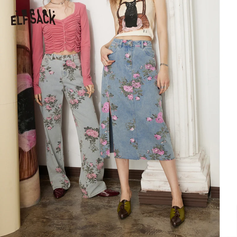 ELFSACK Printed Split High Waist A-line Denim Skirt Women 2023 Spring Mid-length Bottom