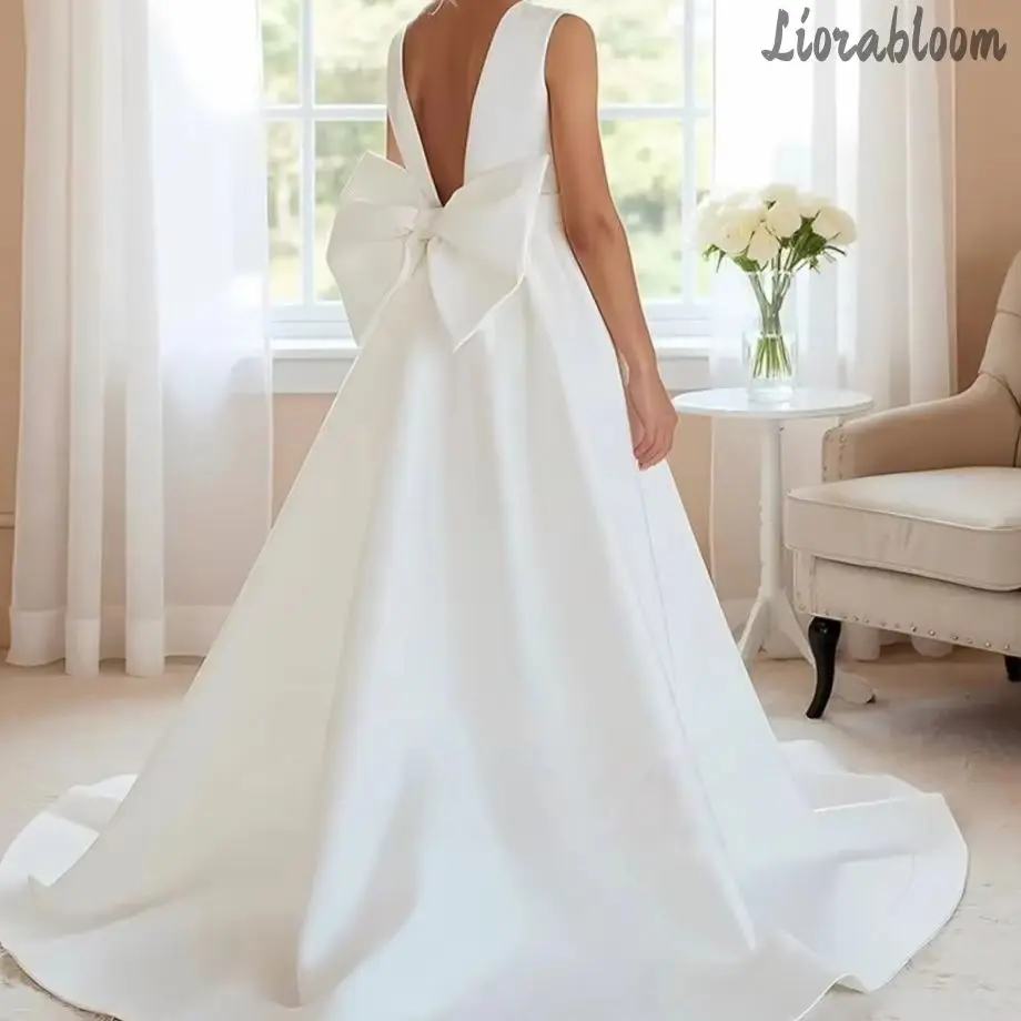 Girls' White Satin Formal Dress Girls Halter-neck with Bow Tie for Wedding Pageant Communion Ceremony свадебное платье