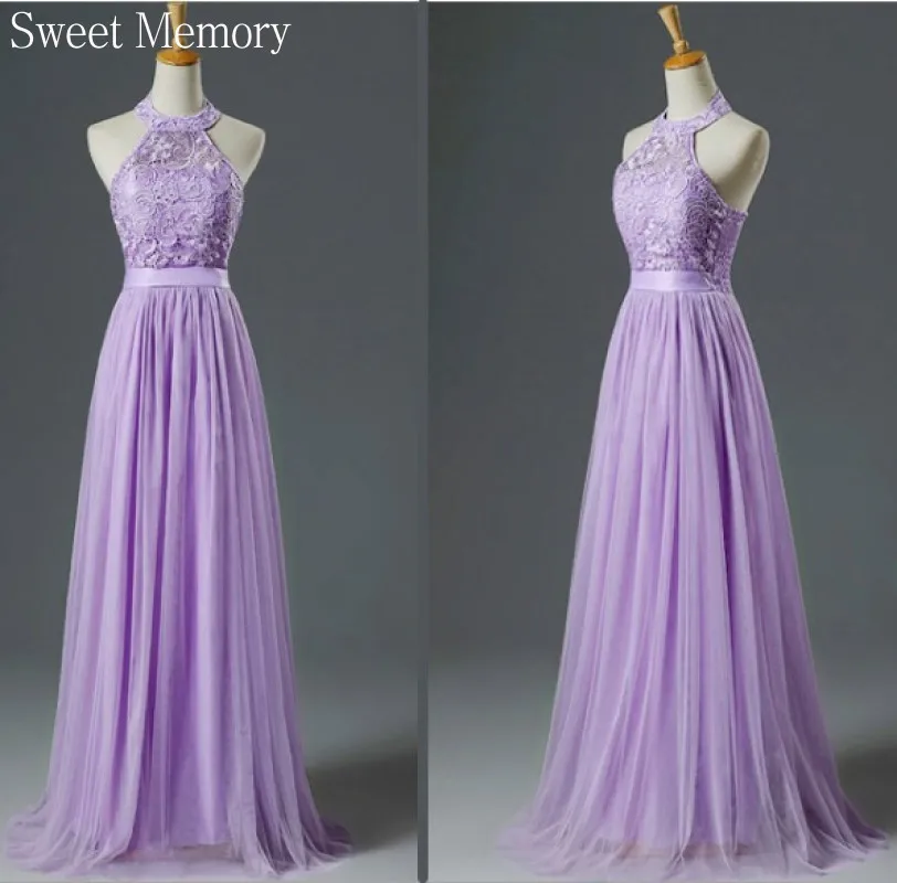 Long Light Purple Bridesmaid Dress Women Girl Graduation Gown Vestido Lady Lace Mesh Netting Cheap Prom Party Dresses