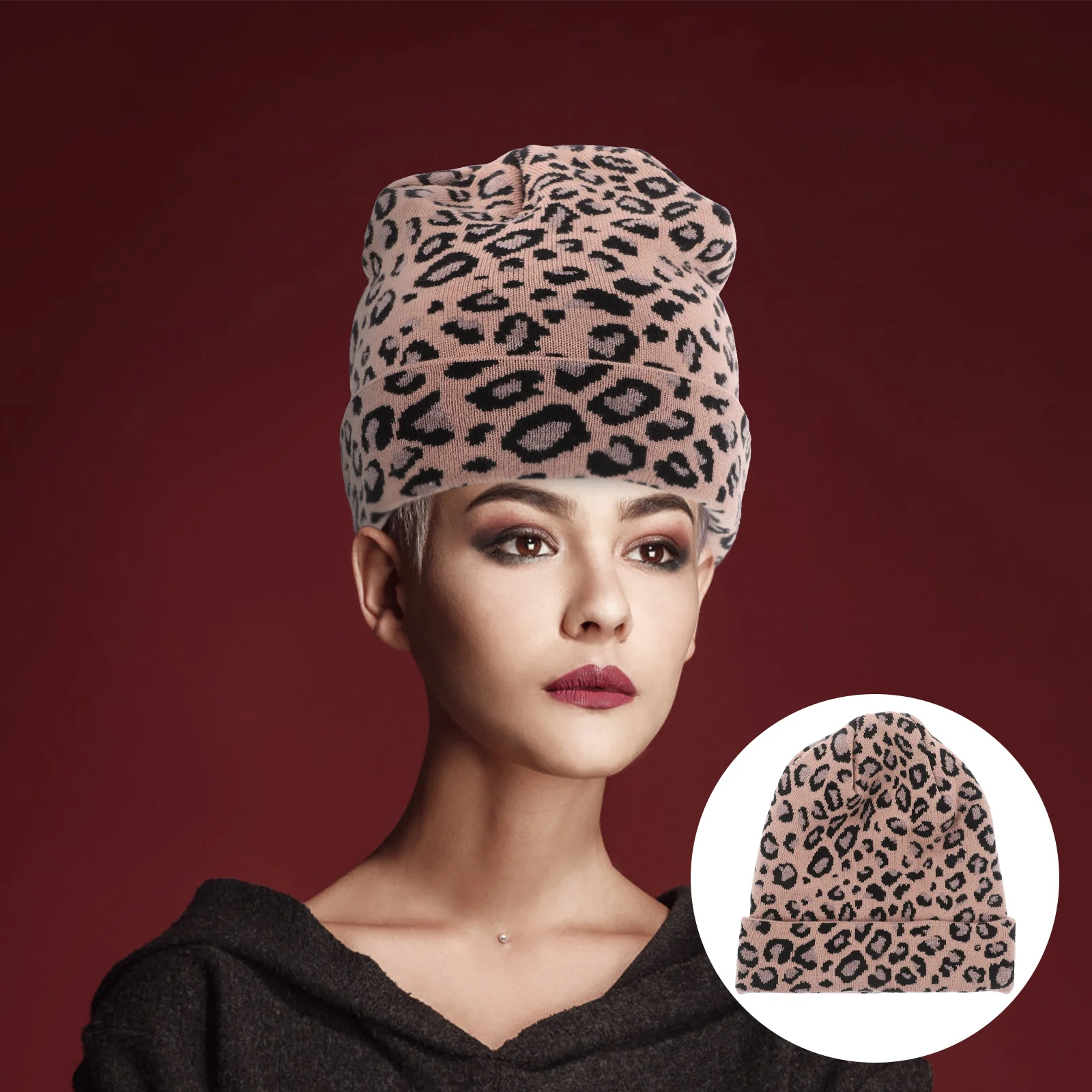 Pink Leopard Knit Hat Women's Hats & Caps Beanie Casual All-match and Miss