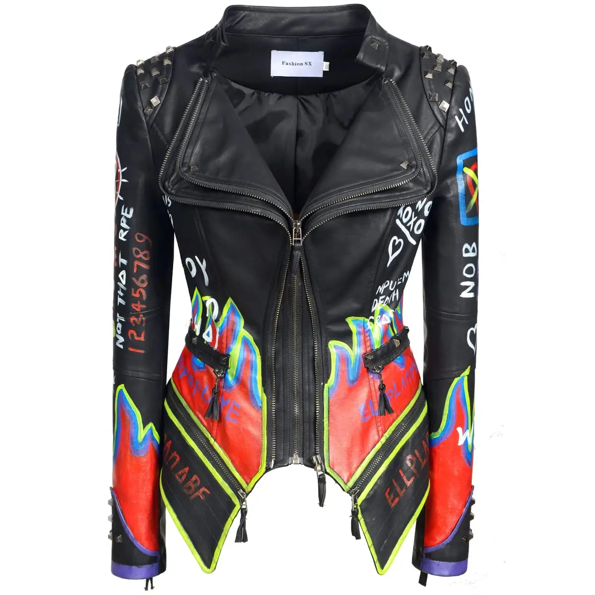 

Women's Fashion Colored Drawing Jacket Rivet Slim PU Artificial Leather Graffiti Steampunk Motorcycle Hand-paint Streetwear Coat