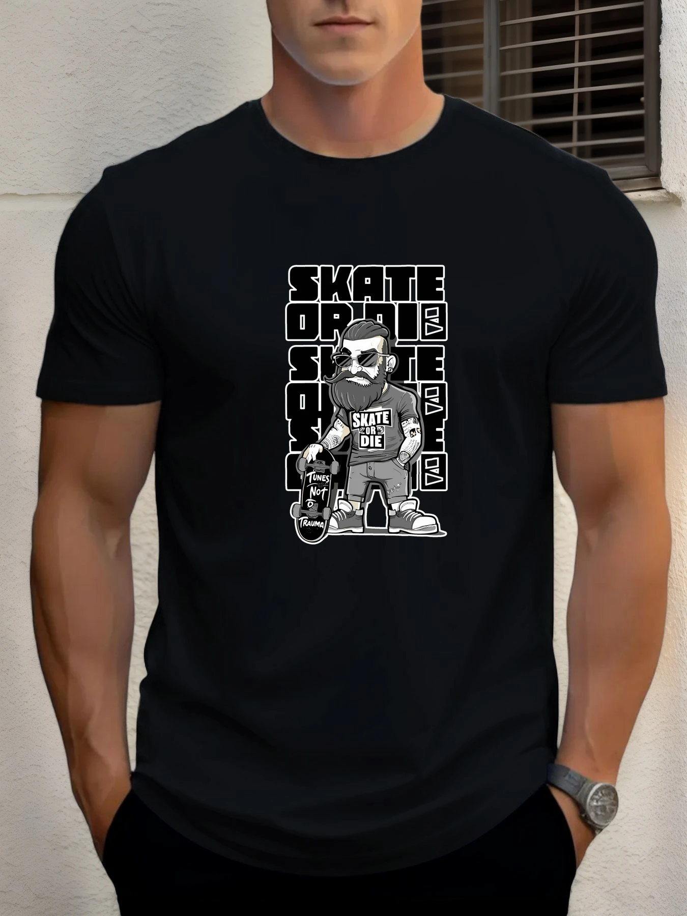 

2025 Summer Men's Cotton T Shirt Skateboard Men's Trendy Print Round Neck T-Shirt Casual Breathable Street Style Daily Top