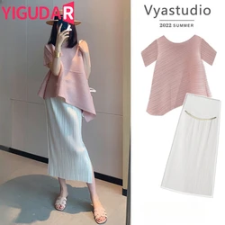 2024 Summer Korean Pregnant Women's Clothes Wrinkle Tops Short Sleeves＆High Waist Support Maternity Skirt Pregnant Women's Set