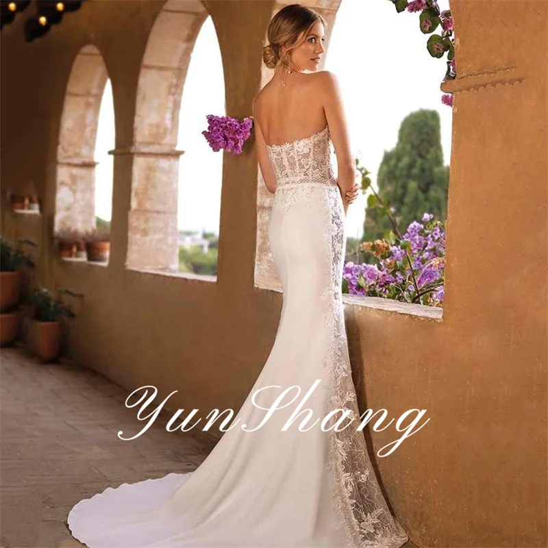 Yunshang eleganti abiti da sposa a sirena donna pizzo aperto indietro Sweetheart senza spalline Applique abito da sposa treno abiti De Novia