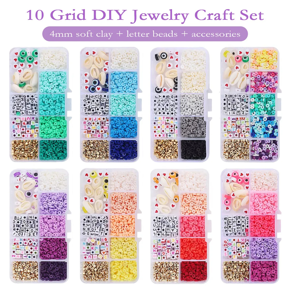 

Набор для рукоделия: Полимерные бусины 4 мм с буквами (10 секций / 1350 шт в коробке) + аксессуары DIY комплект для создания браслетов и колье
