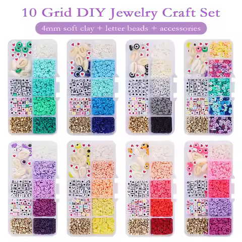 1350pcs Clay Beads Kit 4mm Letter Beads Set with Jewelry Accessories 10 Grid Box for DIY Bracelet Phone Lanyard Jewelry Making