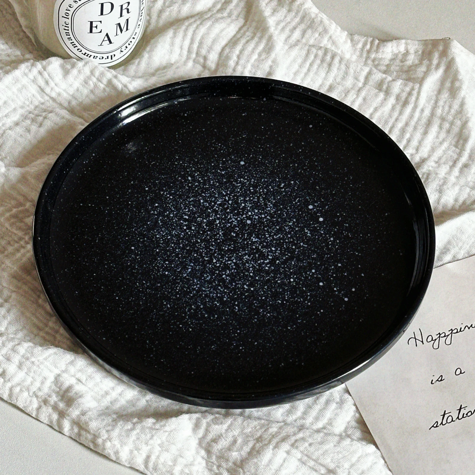Ins Style Ceramic Print Dining Plate Black Household Versatile Round Steak Tablewares Simple Patchwork Serving Plates