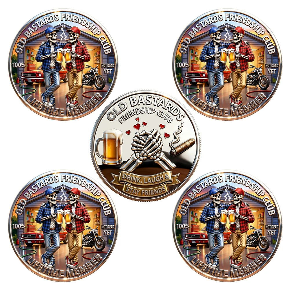 5pcs Old Bastards Friendship Club Challenge Coins Funny Skeleton Old Lifetime Friend Commemorative Coin Best Friend Gifts