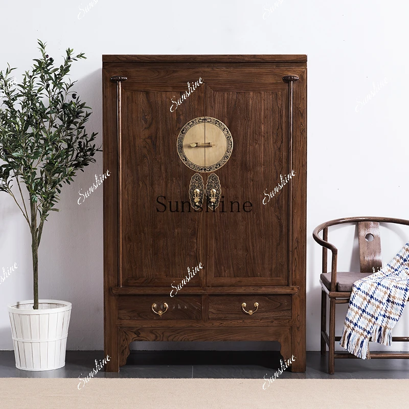 New Chinese style solid wood bedroom household literati wardrobe brass swing door  FT