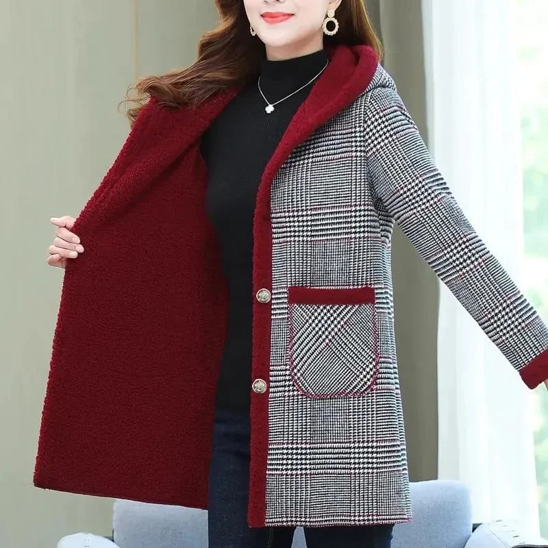 New Women Winter Jacket Fashion Plaid Long Coats Hooded Parka Overcoat Warm Woolen Blended Jacket Lady Outerwear Female Tops 5XL