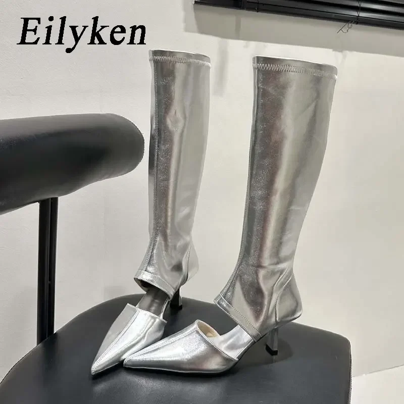 Eilyken Silver Women Knee-High Boots Hollow Out Zipper Ladies Elegant Sandals Pointed Toe Thin Low Heel Spring Autumn Shoes