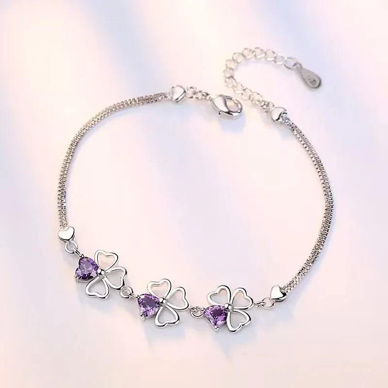 Noble Brands 925 Sterling Silver Purple crystal Lucky Clover Bracelets for women fashion party wedding Jewelry Length 17CM+4CM