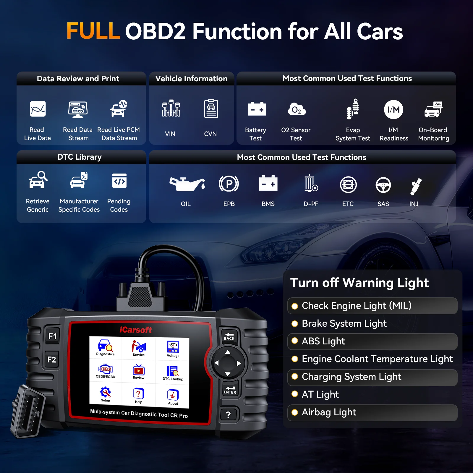 iCarsoft CR Pro Diagnostic Scan Tool,Full Systems Diagnose Full Vehicle Coverage 9 service reset Lifetime free software update