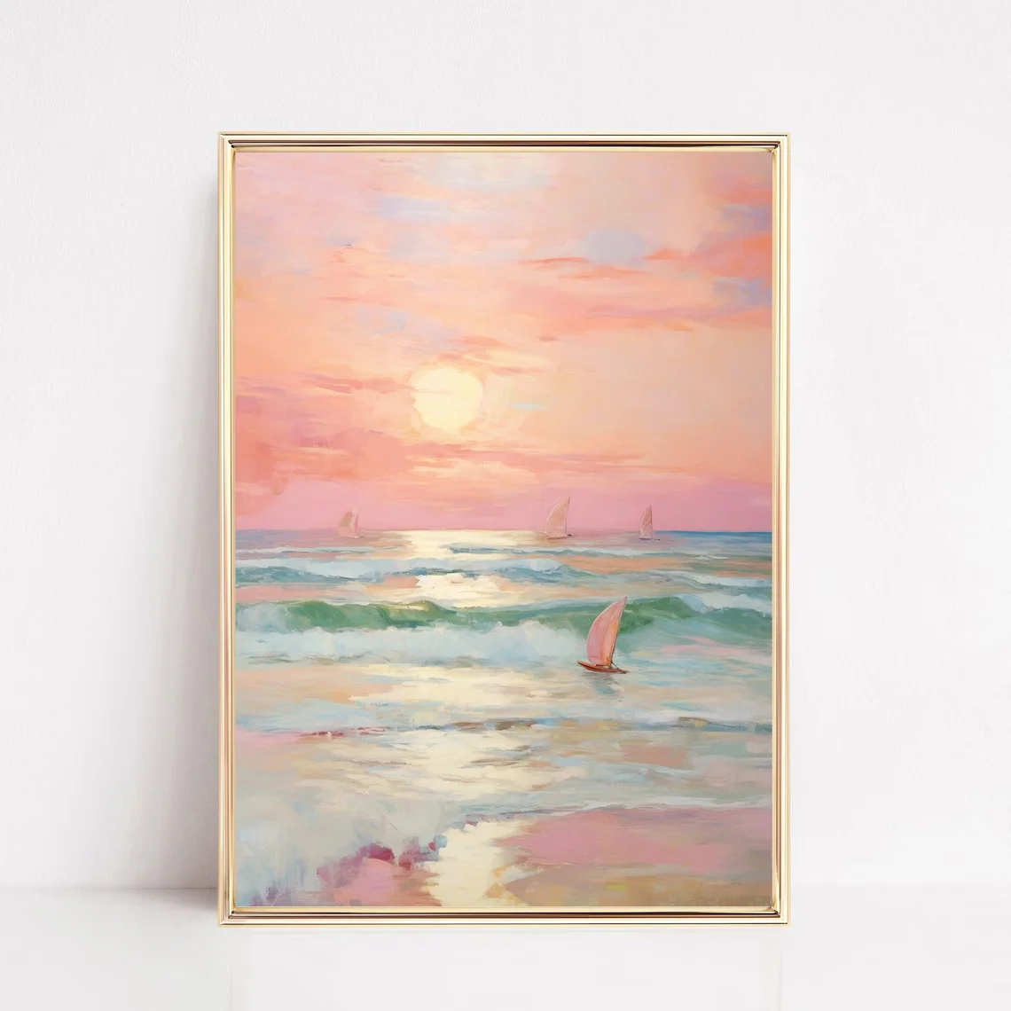 (No frame)Pastel Sunset Print Blush Pink Coastal Beach Preppy Ocean Canvas Painting Poster Wall Art Decor Girly Dorm Teen Roo