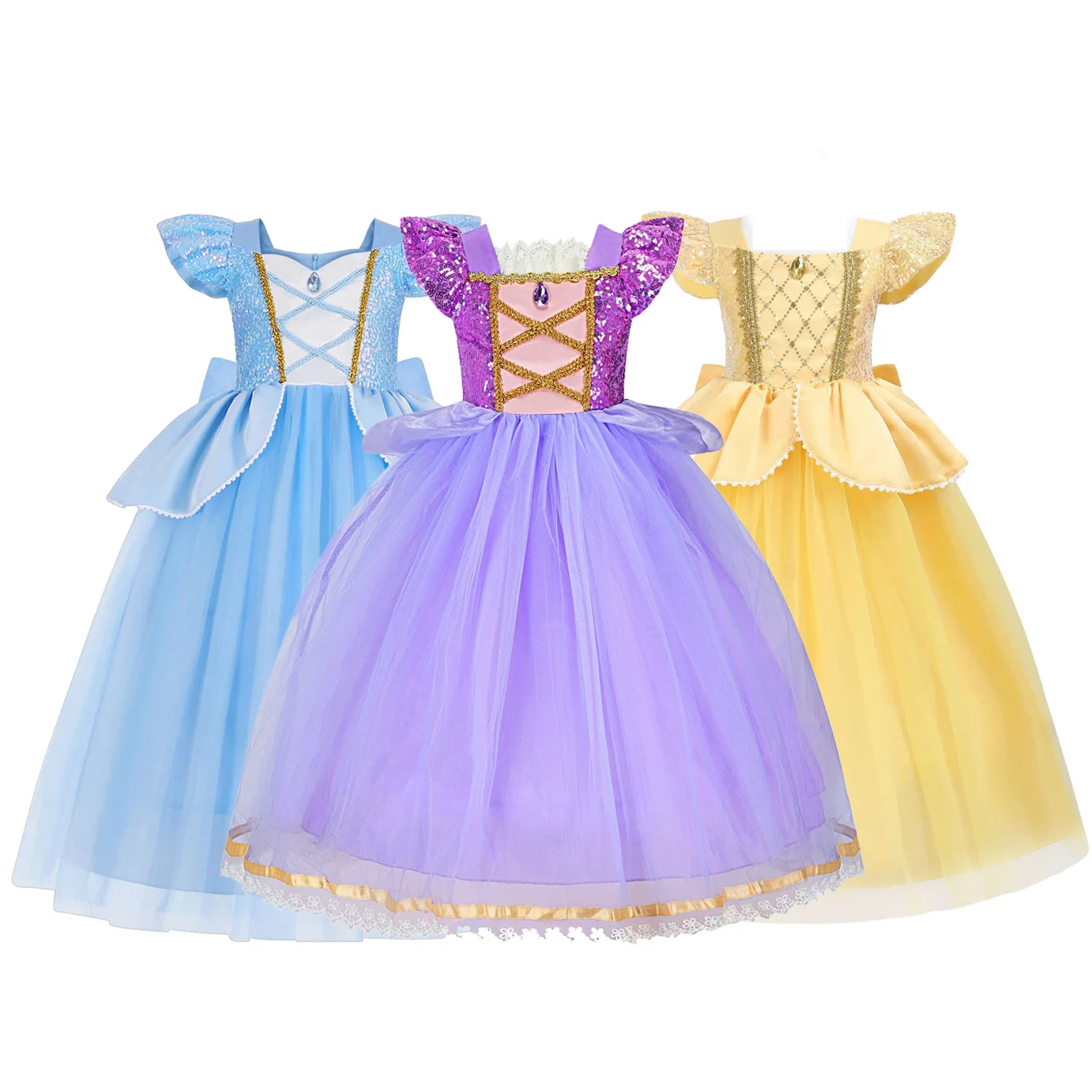 

Girls Cosplay Sequine Dress Up Princess Game Role Play Rapie Princess Skirt Movie Elegant Party Frock Halloween Flying Sleeve