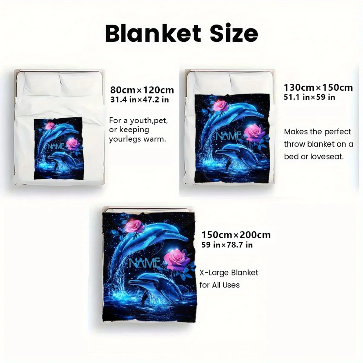 Personalized custom name: French velvet blanket with dolphin and rose ocean pattern, lightweight and soft all season universal