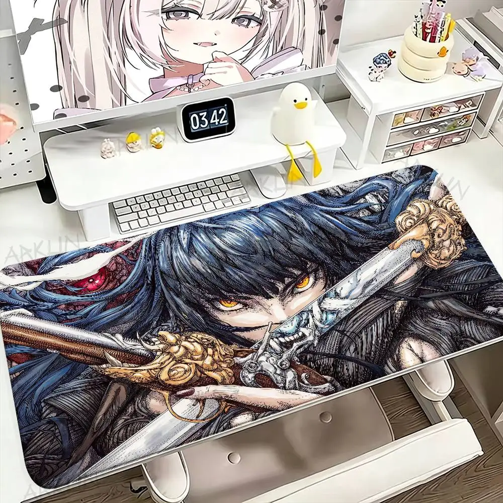 Dark Fantasy Anime Girl Large Gaming Mouse Pad Warrior Lady With Swords Art Desk Mat Non‑Slip Rubber Base Keyboard Mat