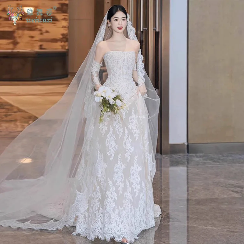 

Elegant Lace A-Line Wedding Dress Strapless Lace Bridal Gowns Wedding Dress Photo Shoot Customized Gift A Pair of Gloves