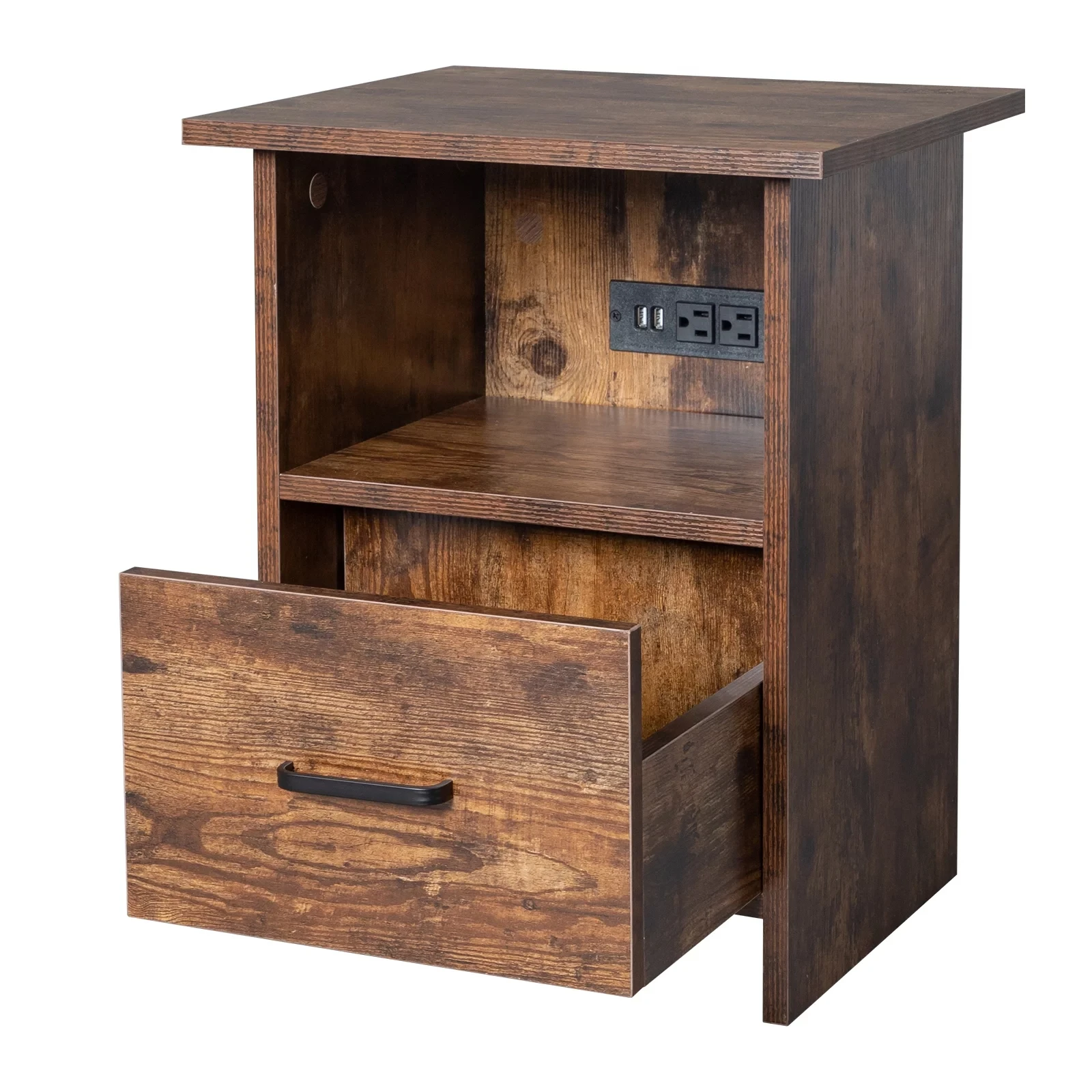 forElegant Design Rustic Style Wooden Smart Nightstand Bedside Table with USB Station for Bedroom