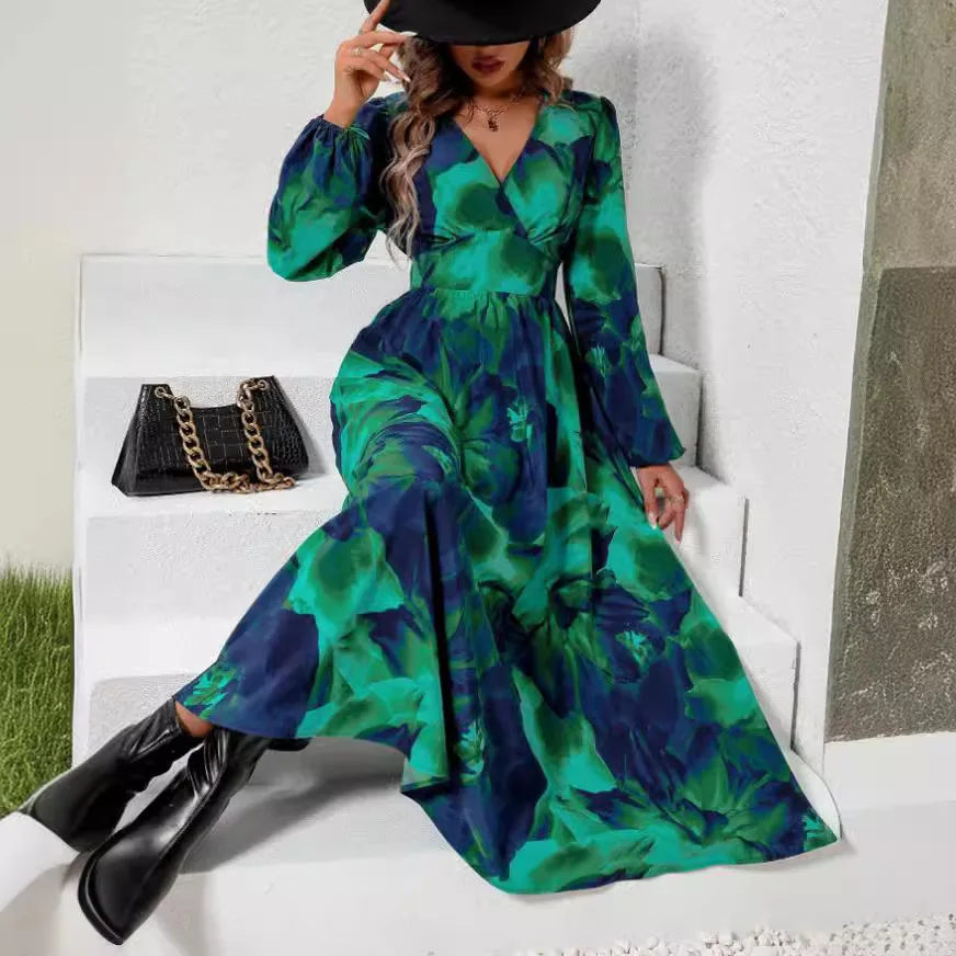 Sping autumn Bohemian Women Maxi Dress Casual Long Sleeve High Waist V-neck Beach Woman Chiffon Dresses Floral Vestidoes Mujer