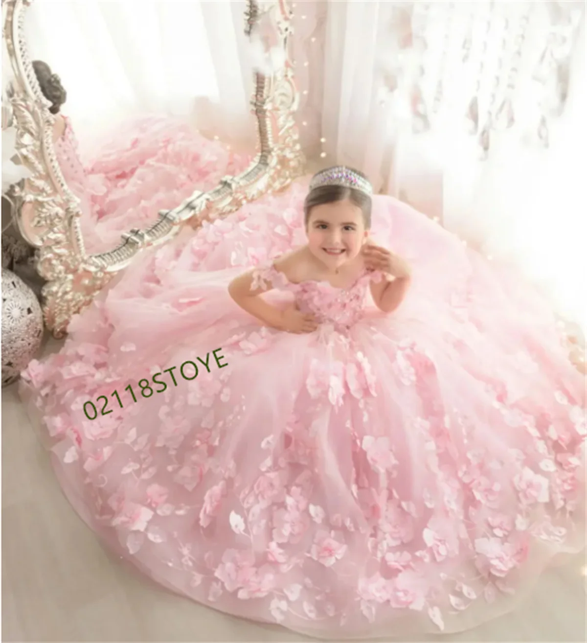 Flower Girl Dress For Wedding Pink 3d Applique Off Shoulder Beading PearlsTulle Child First Eucharistic Birthday Party Dresses