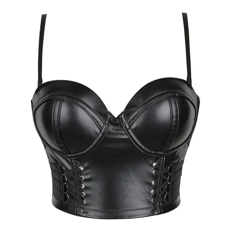 Frauen Sexy Crop Tops Punk Leder Korsett Und Bustier Weste Rohr Top Bh Weibliche Streetwear Ärmel Camis Tanks