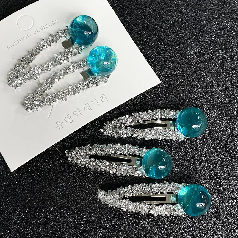 

1-2 PCS Gemstone Blue Beaded Silver Sparkling Rhinestone BB Clips, Stylish Princess Bangs Clips, Side Clips for Women