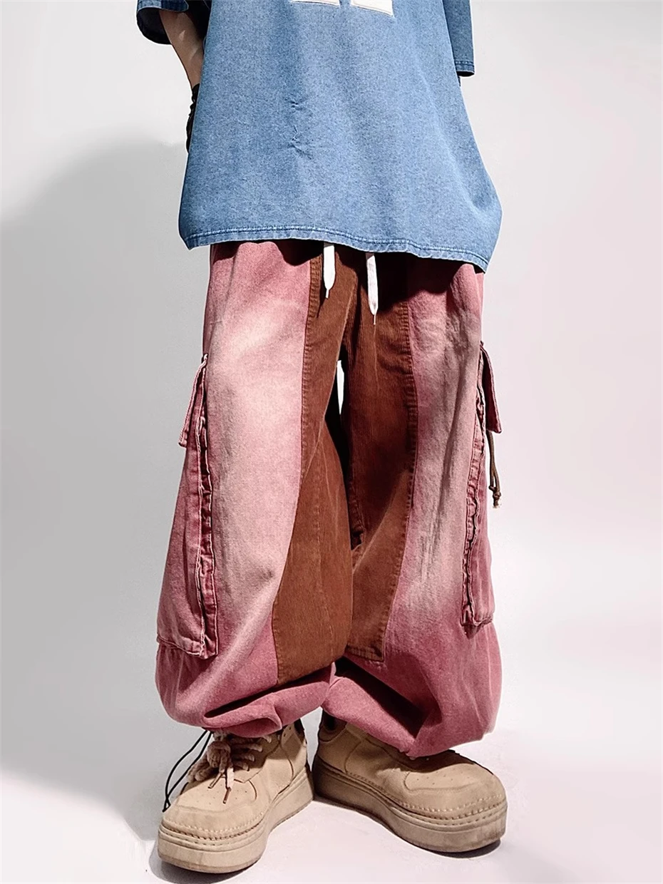 Pink Joggers Cargo Jeans Men Streetwear Hip Hop Washed Wide-leg Trousers Harajuku Vintage Baggy Elastic Waist Casual Denim Pants