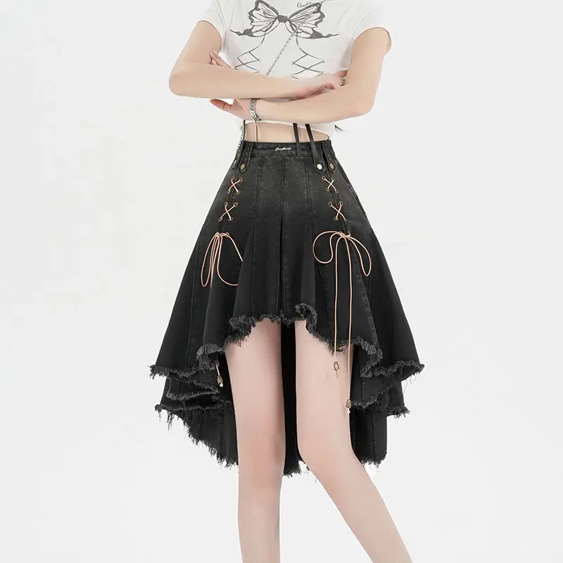 Jupes en denim taille haute pour femmes, jupes dégradées irrégulières, design à lacets A-Line, streetwear chic All-Match, été populaire, rétro Ins