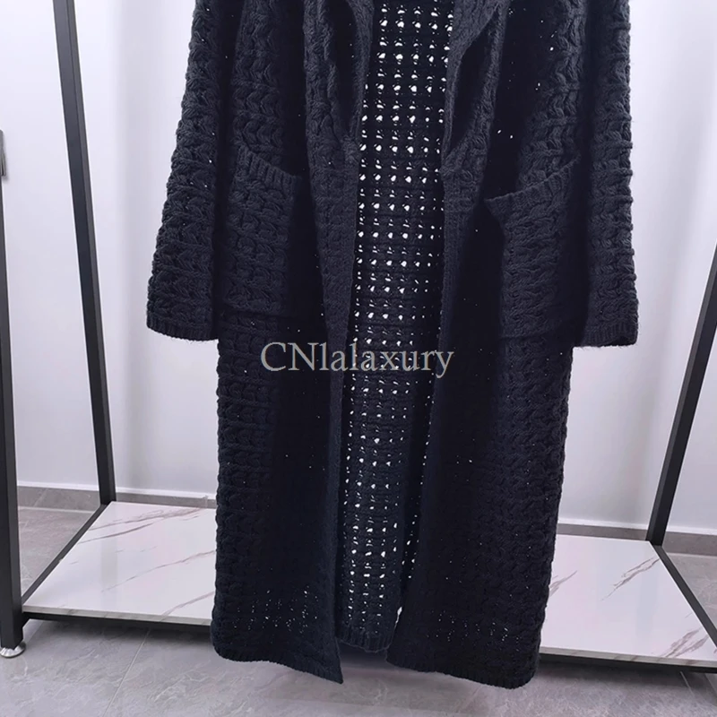 CNlalaxury 2024 Spring Women Lapel Pocket Long Knit Cardigan Overcoat Jacket Female Jacquard Hollow Out Sweater Coat Outwear New