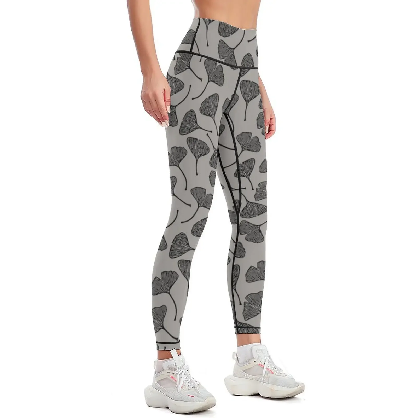 Ginkgo Vector Black on Warm Grey Leggings Female legging pants Women sportwear Womens Leggings