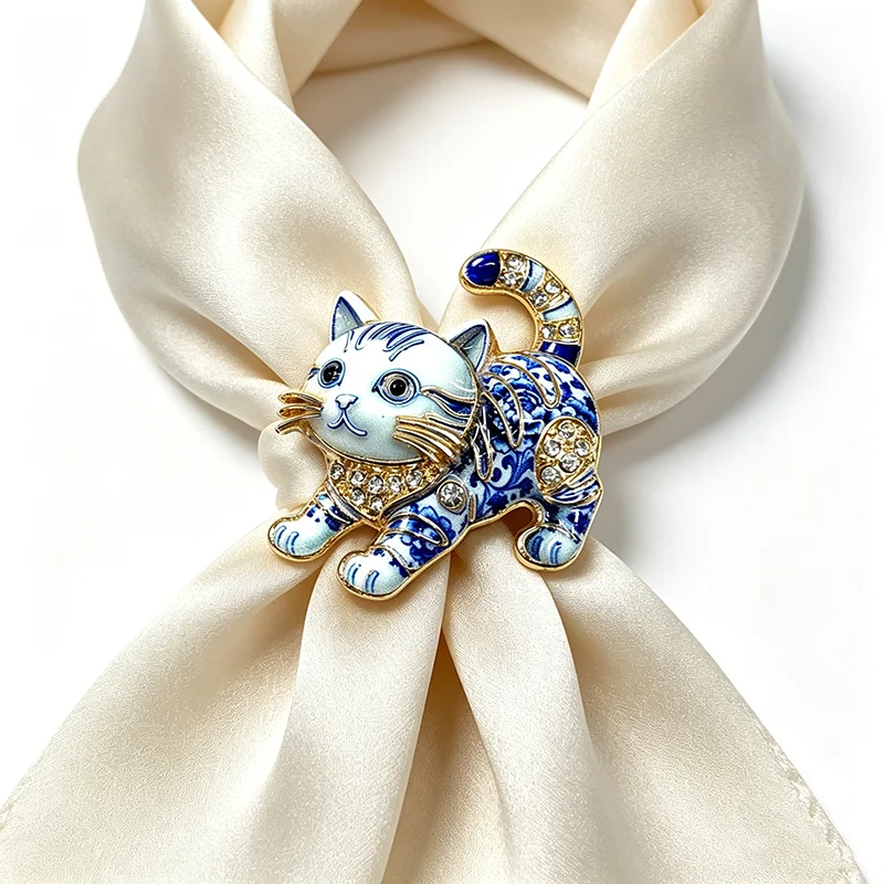 Chinoiserie Blue White Porcelain Style Cat Brooch Enamel Pattern Kitten Lapel Pin Vintage Jewelry for Women Suit Coat Accessory view 4