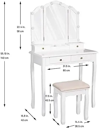 Vanity Table, Makeup Vanity Table with Lighted Mirror, Vanity Set with Padded Stool, Tri-Fold Bedroom Vanity, 4 Drawers, 2 Brush