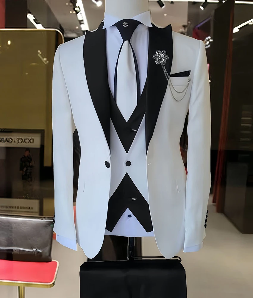 

High Quality Single-row button color-block slim-fit tuxedo three-piece suit, business performance host event men's clothing.
