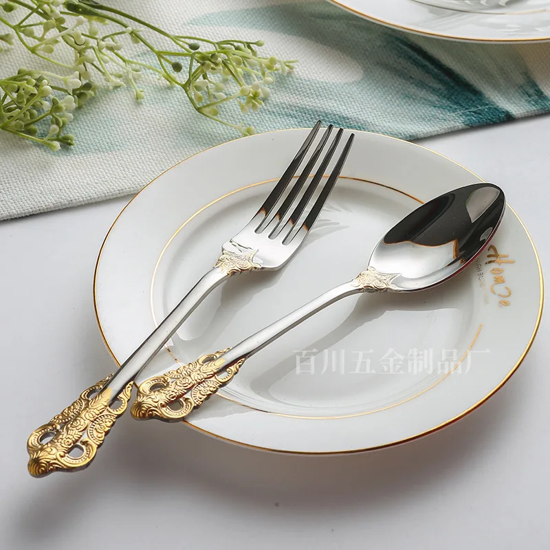 Five piece set of 316 stainless steel tableware, palace style gold-plated embossed pattern, main five piece knife, fork, spoon