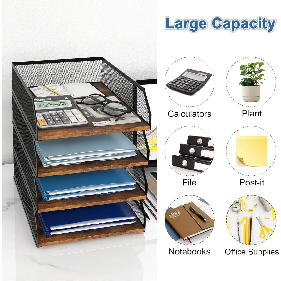 Natwind 4-уровневый штабелируемый лоток для бумаги, металлическая сетка, настольный органайзер, деревянная доска, сортировщик бумаги, лотки для писем, стеллаж для хранения файлов и документов