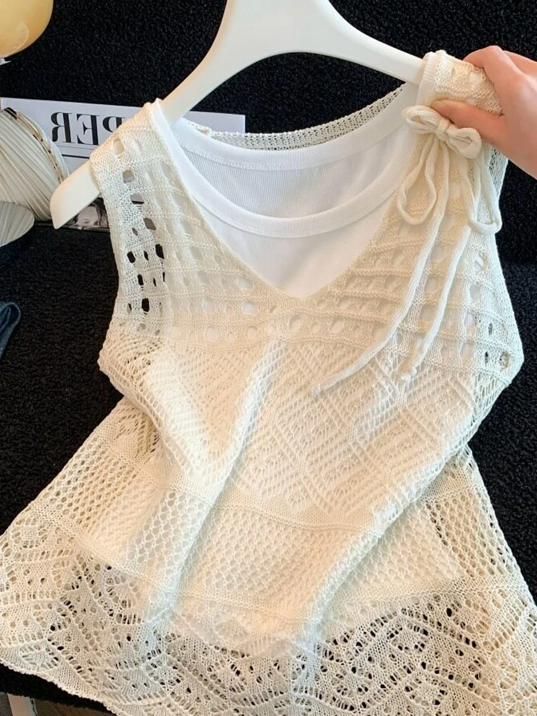 

Fashionable Hollow out Knitted Crop Top And Tank Top Set Summer 2026 Unique Design Women's Outerwear V-neck Polyester Cotton ...