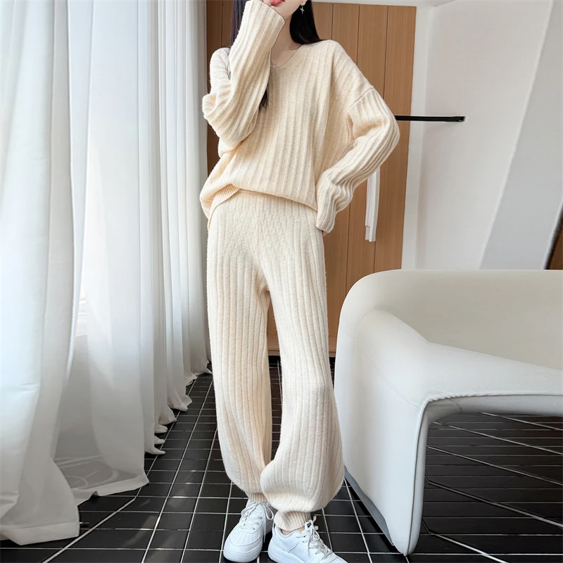 Women's V-Neck 100% Wool Knit Two-Piece Vertical Striped Sweater Drawstring Pants Solid Color Casual Autumn Winter Street Dailys