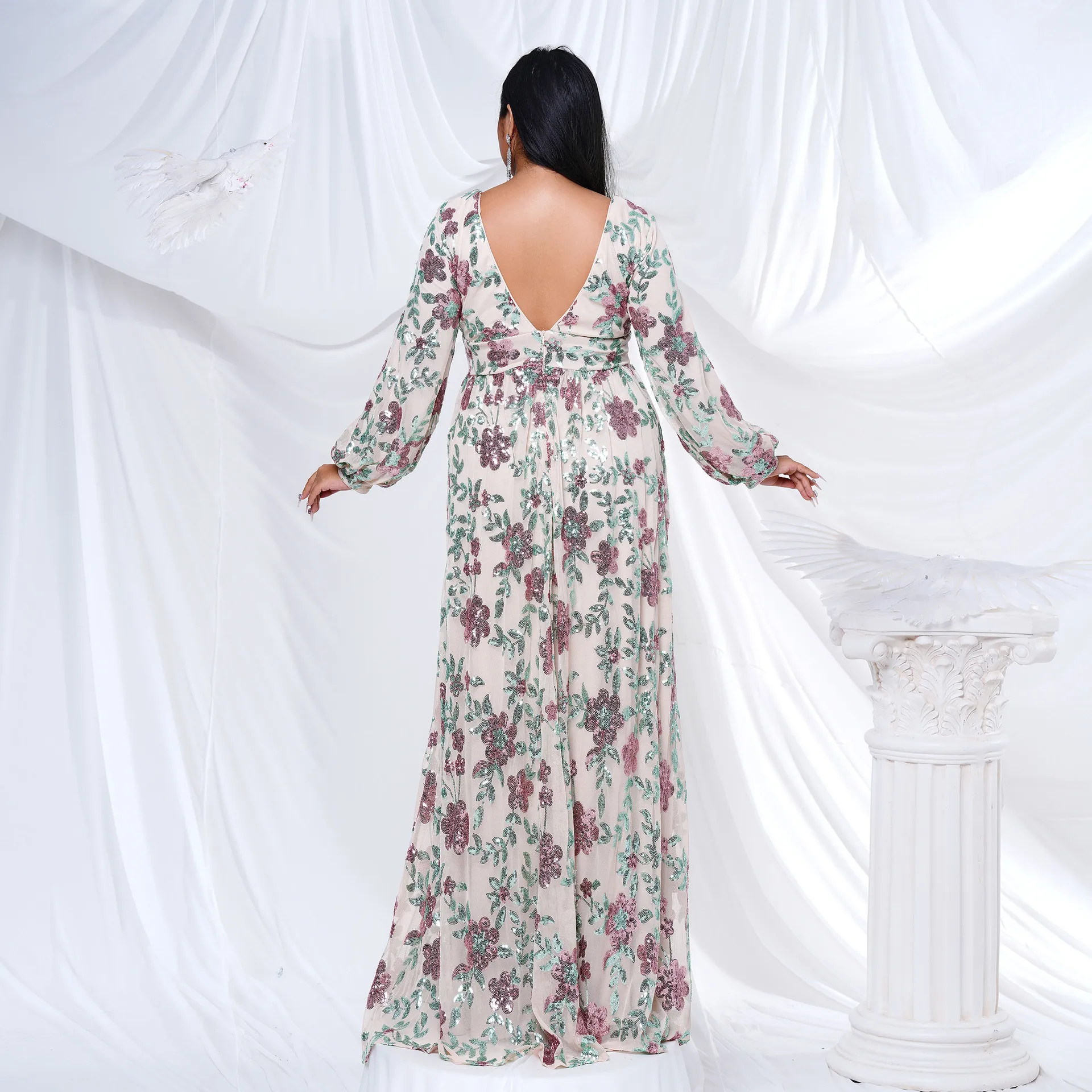 

plus Size Evening Dr Long Sve V-Ne Floor Length Maxi Gown Sparkling Chiffon Swing Skirt Sle Commute Winter Season