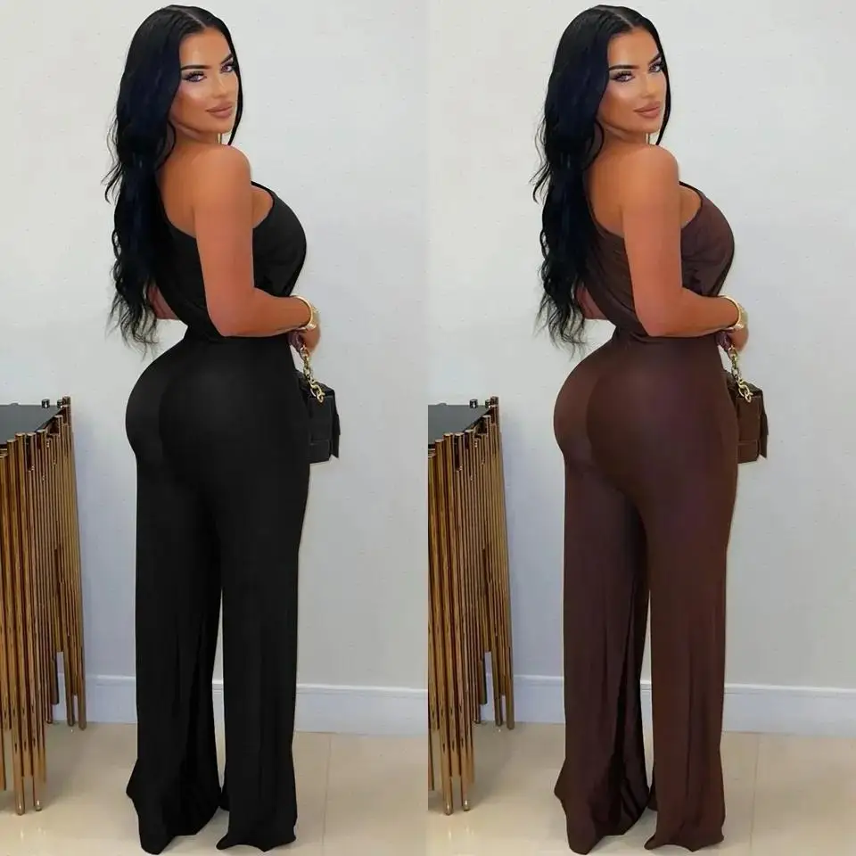 Jump Suits Women One Piece Y2k Streetwear Slash Neck Sleeveless Straight Long Pants High Waist Wrap Jumpsuit Work Casual