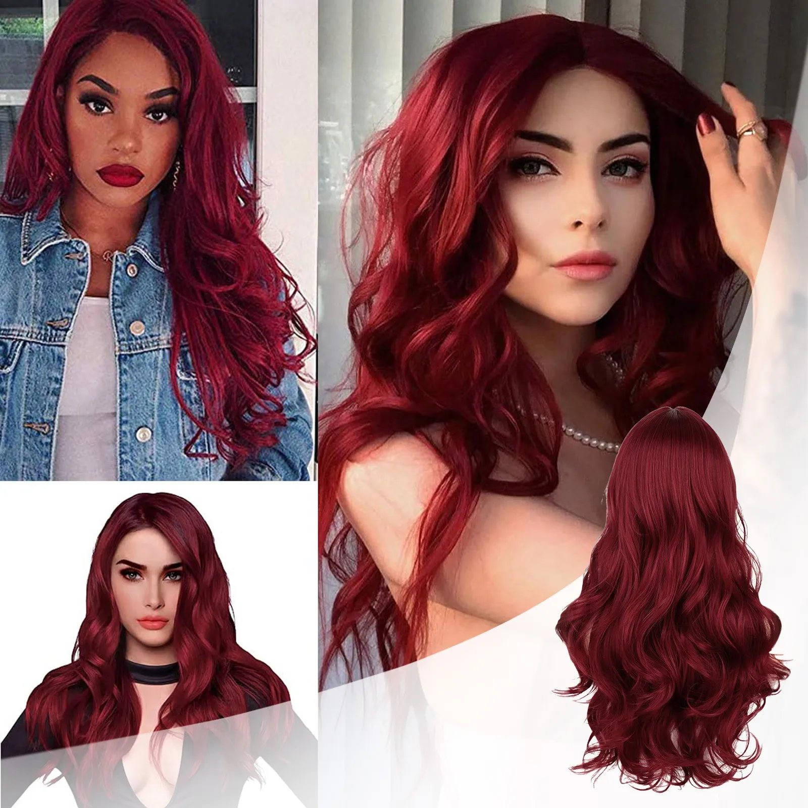 Women Hair Products Long Wine Red Lace Front Wig For Women Middle Parts Long Wavy Human Hair Wig With Lace Front Wig Dry Hair