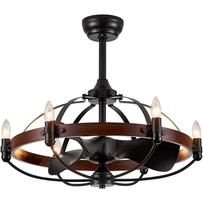 27-Inch Brown Walnut Farmhouse Style Chandelier Ceiling Fan with Light and Remote Control, Bladeless Motor for Bedroom