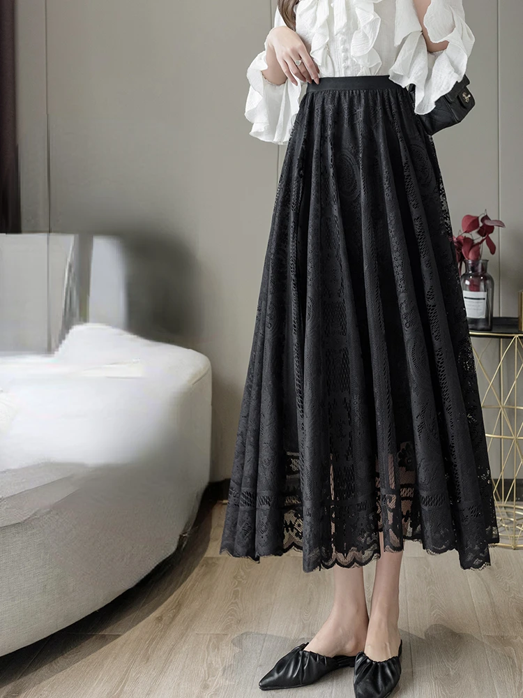 Long Skirts Women Lace Design Elegant Baggy Casual French Style Elastic Waist Chic Streetwear All-match Falda Aesthetic Females