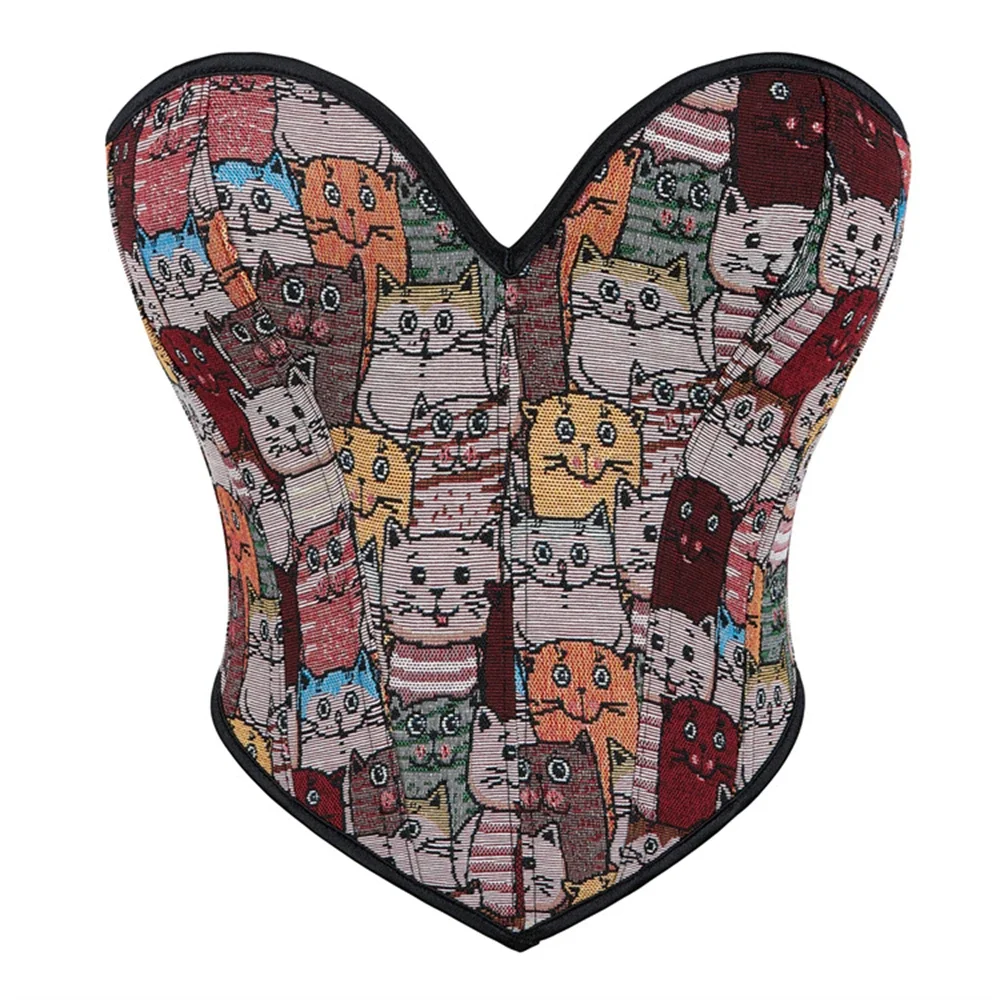 

Sexy Cute Cat Colorful Printed Pattern Overbust Corset Gothic Lace-up Body Shaper Off Shoulder Bustiers Crop Tops