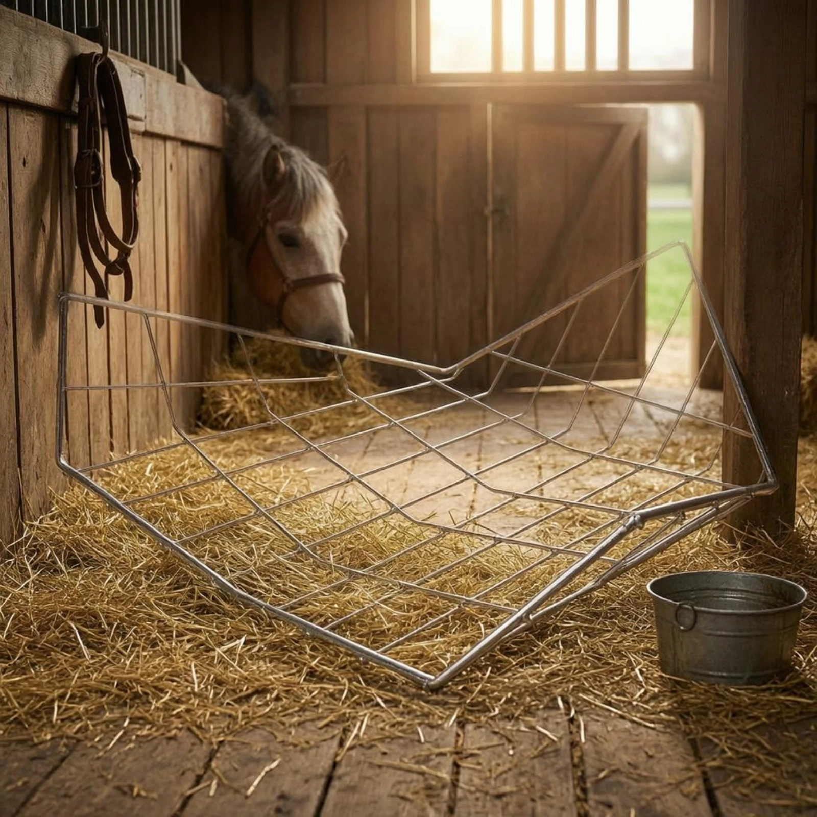 

Triangular Hay Rack Silver Finish Metal Hay Rack Exposed Metal Frame Space-Saving for Stable