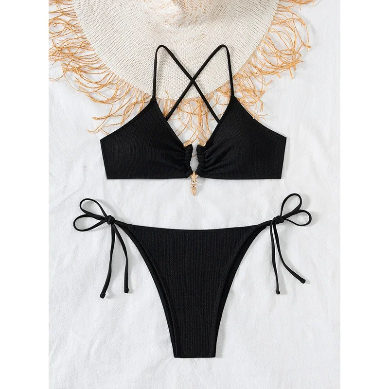Seksowne czarne stringi bikini 2025 dwuczęściowy strój kąpielowy damski stroje kąpielowe damskie stringi bikini zestaw sportowy strój do pływania plażowy kostium kąpielowy